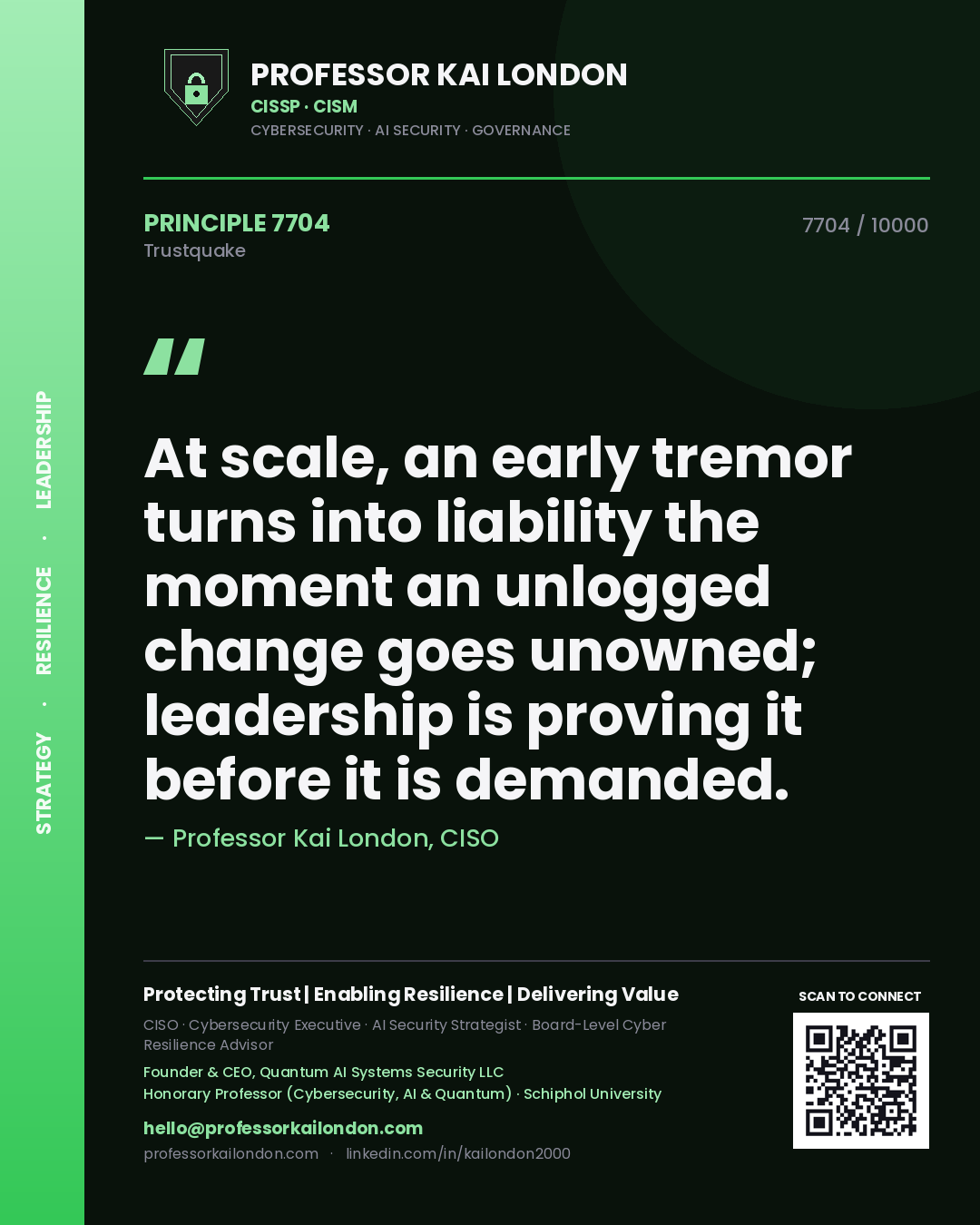 Quote card by Professor Kai London reading 'At scale, an early tremor turns into liability the moment an unlogged change goes unowned; leadership is proving it before it is demanded.'. From the book Trustquake.