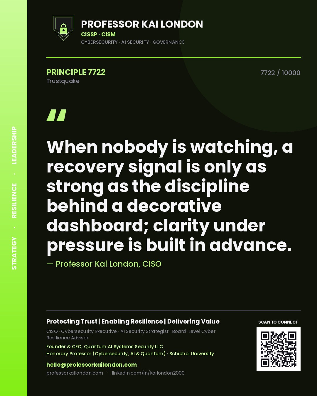 Quote card by Professor Kai London reading 'When nobody is watching, a recovery signal is only as strong as the discipline behind a decorative dashboard; clarity under pressure is built in advance.'. From the book Trustquake.