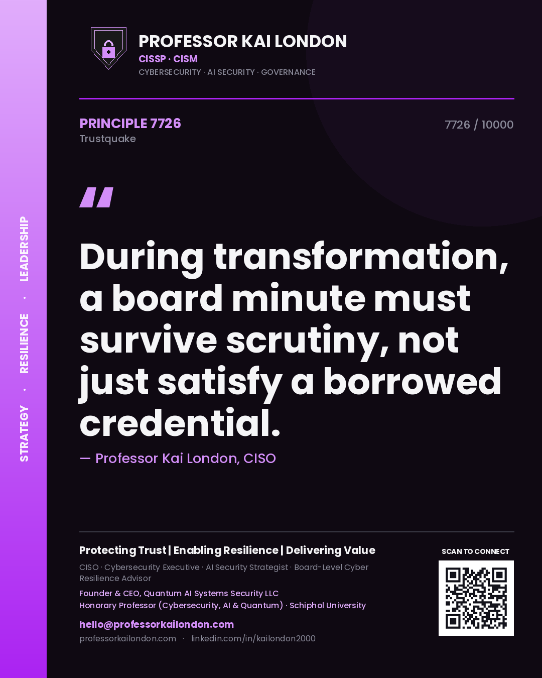 Professor Kai London principle 7726: During transformation, a board minute must survive scrutiny, not just satisfy a borrowed credential.