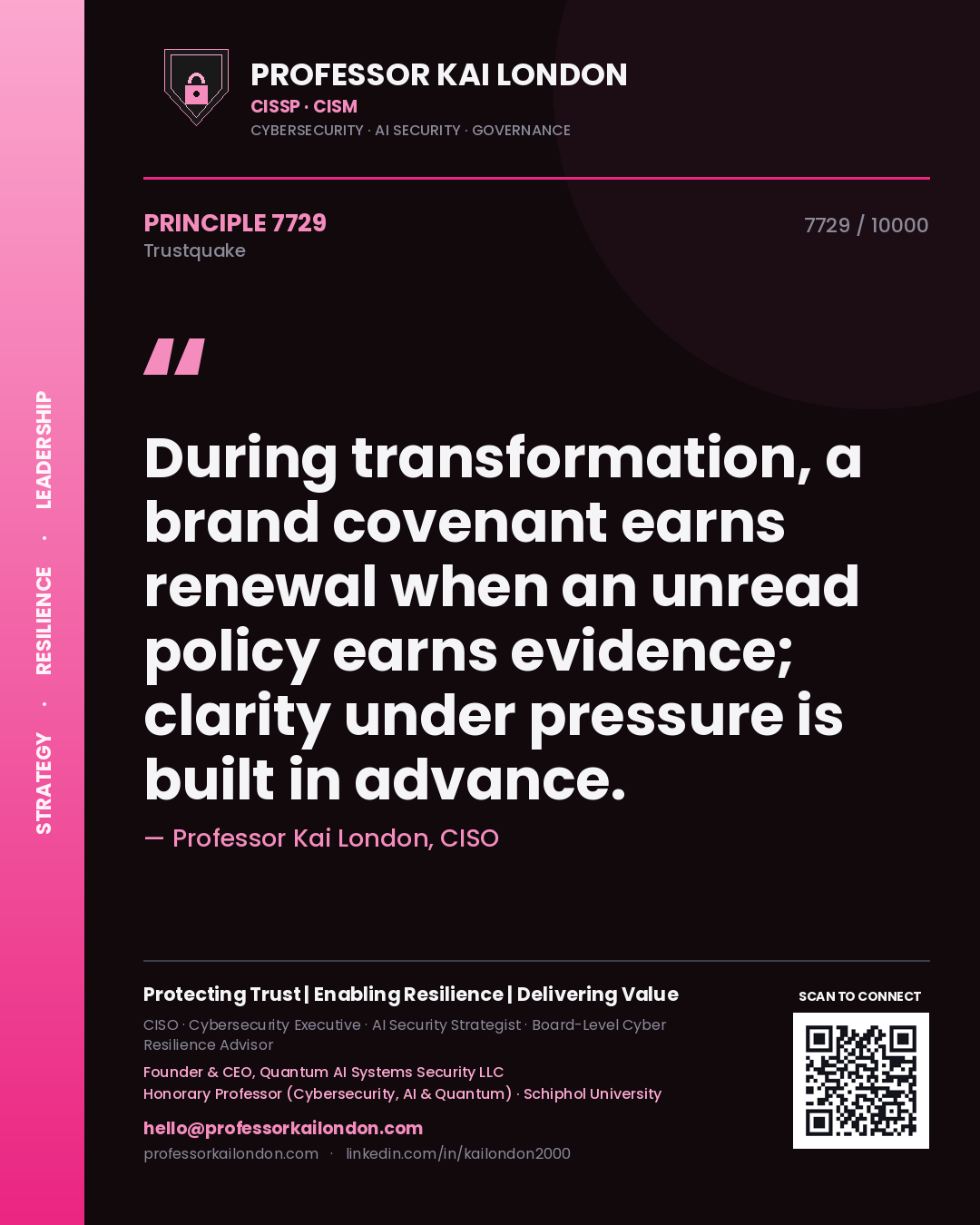 Professor Kai London principle 7729: During transformation, a brand covenant earns renewal when an unread policy earns evidence; clarity under pressure is built in advance.