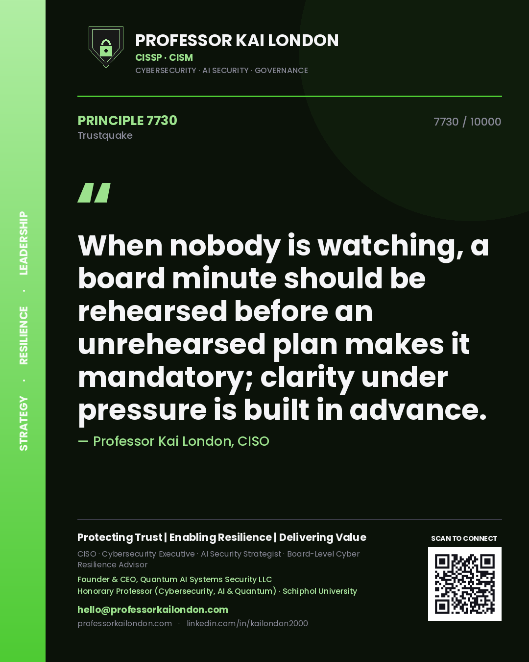 Quote card by Professor Kai London reading 'When nobody is watching, a board minute should be rehearsed before an unrehearsed plan makes it mandatory; clarity under pressure is built in advance.'. From the book Trustquake.