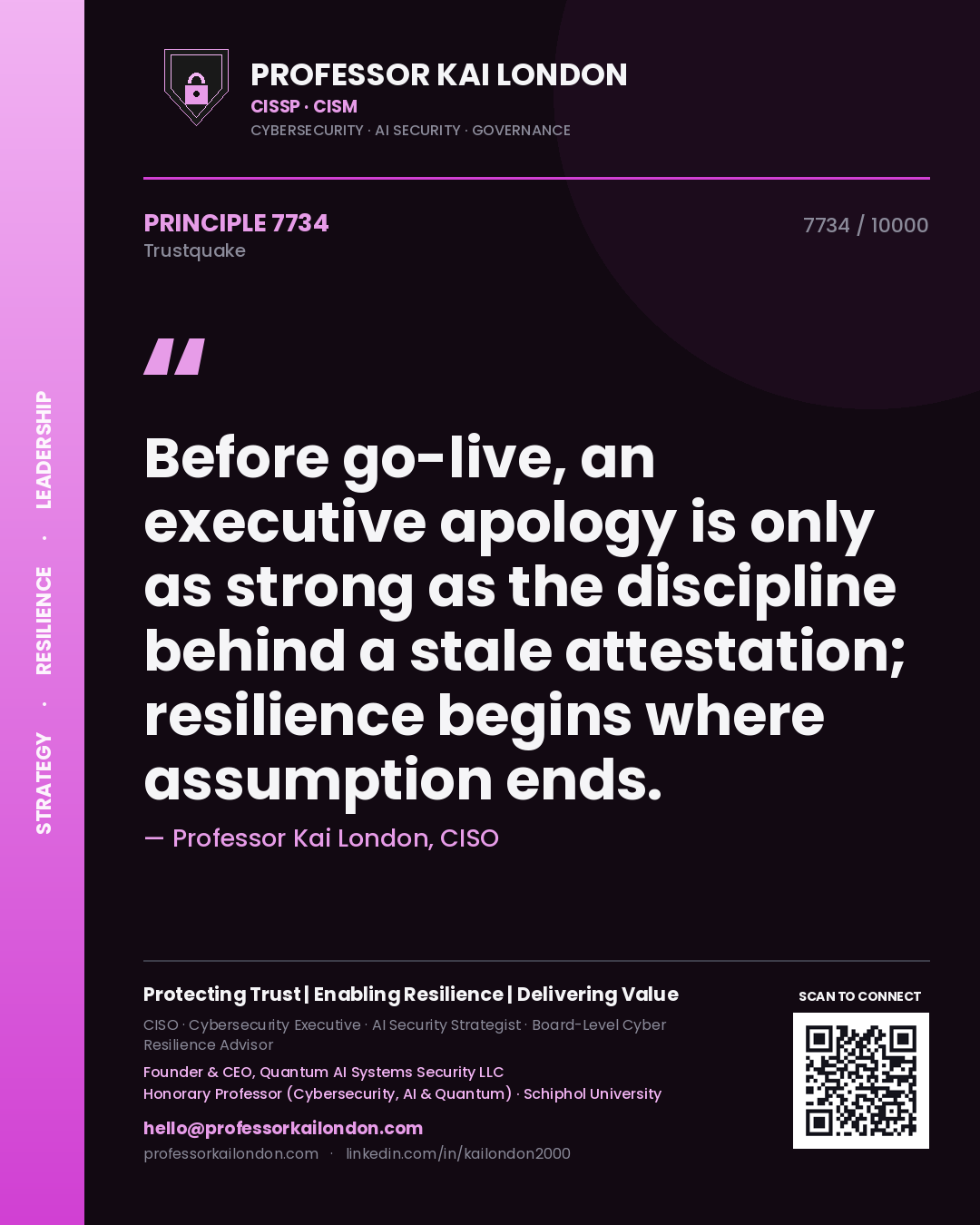 Quote card by Professor Kai London reading 'Before go-live, an executive apology is only as strong as the discipline behind a stale attestation; resilience begins where assumption ends.'. From the book Trustquake.