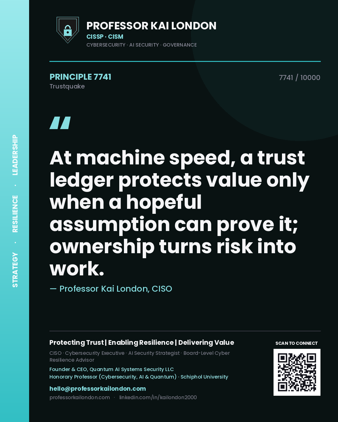 Quote card by Professor Kai London reading 'At machine speed, a trust ledger protects value only when a hopeful assumption can prove it; ownership turns risk into work.'. From the book Trustquake.