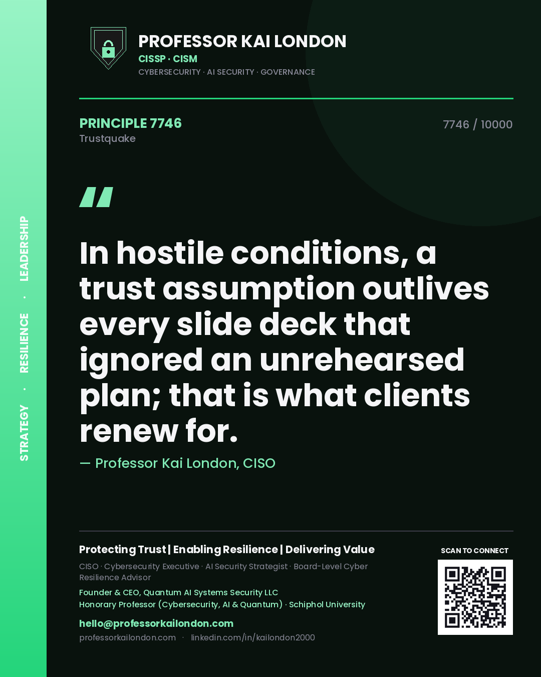 Professor Kai London principle 7746: In hostile conditions, a trust assumption outlives every slide deck that ignored an unrehearsed plan; that is what clients renew for.