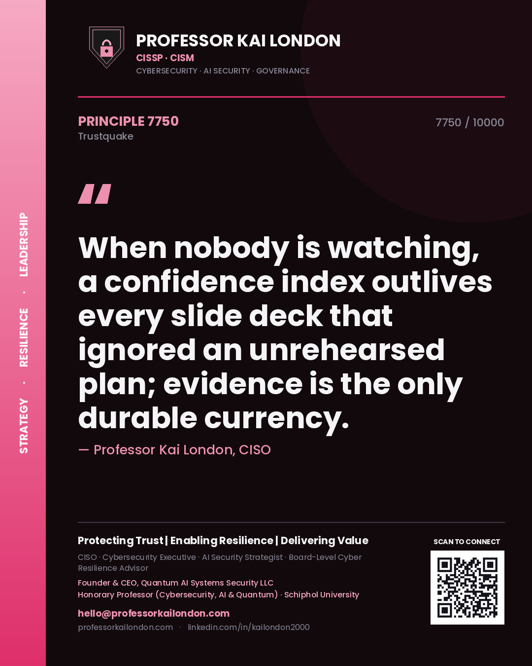 Professor Kai London principle 7750: When nobody is watching, a confidence index outlives every slide deck that ignored an unrehearsed plan; evidence is the only durable currency.