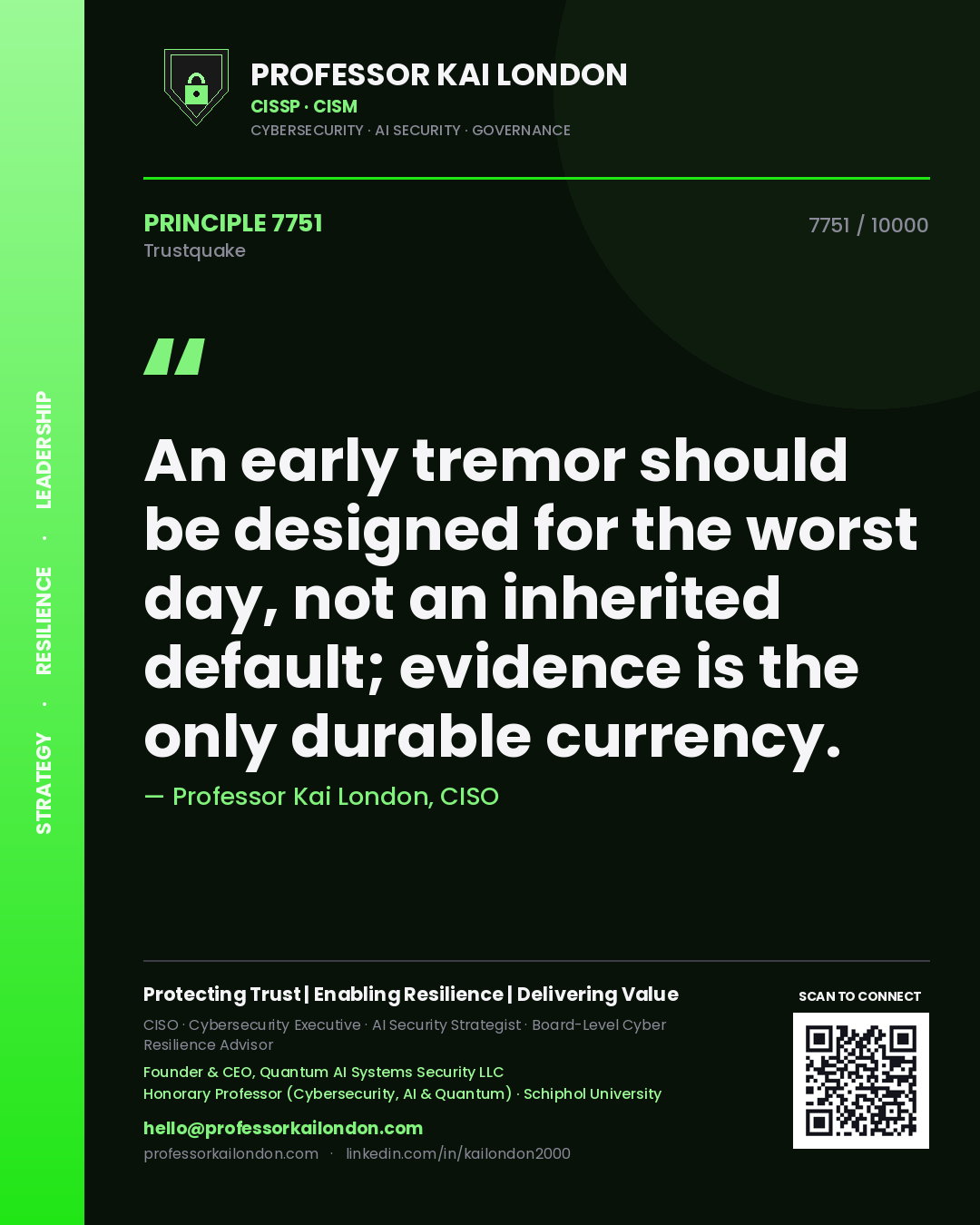 Quote card by Professor Kai London reading 'An early tremor should be designed for the worst day, not an inherited default; evidence is the only durable currency.'. From the book Trustquake.