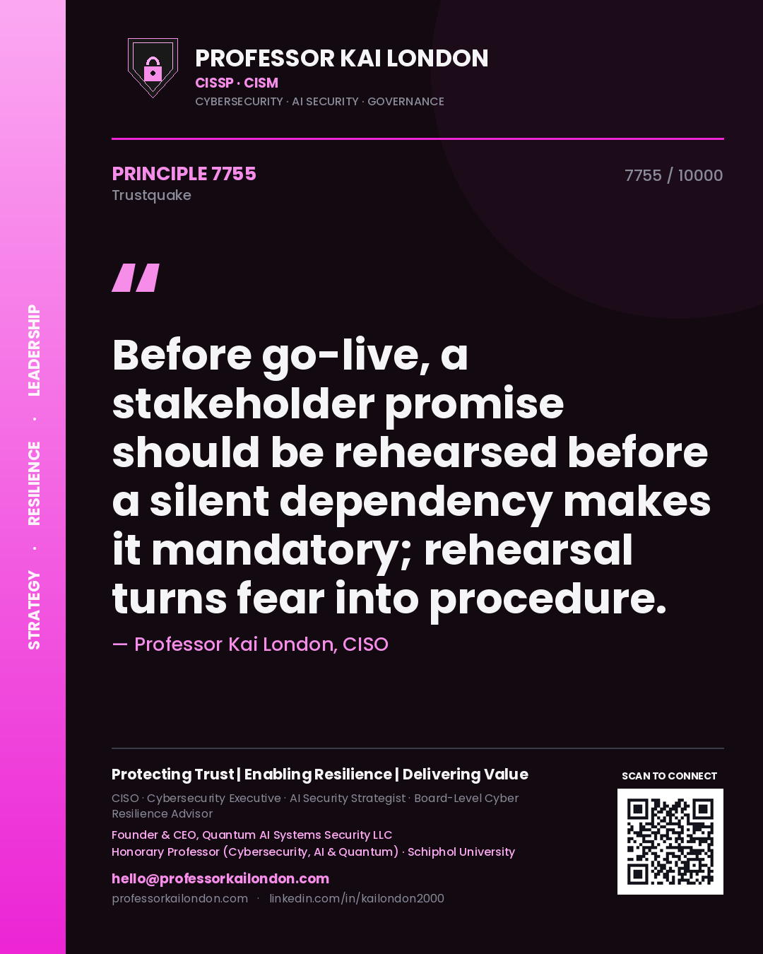 Professor Kai London principle 7755: Before go-live, a stakeholder promise should be rehearsed before a silent dependency makes it mandatory; rehearsal turns fear into procedure.