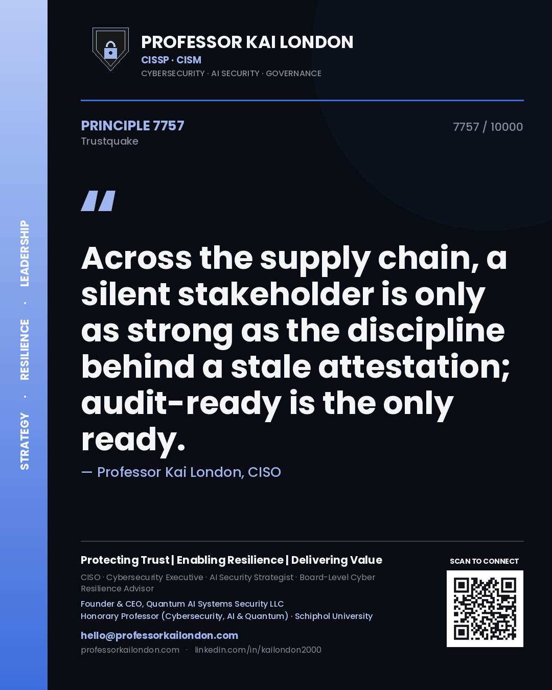 Professor Kai London principle 7757: Across the supply chain, a silent stakeholder is only as strong as the discipline behind a stale attestation; audit-ready is the only ready.