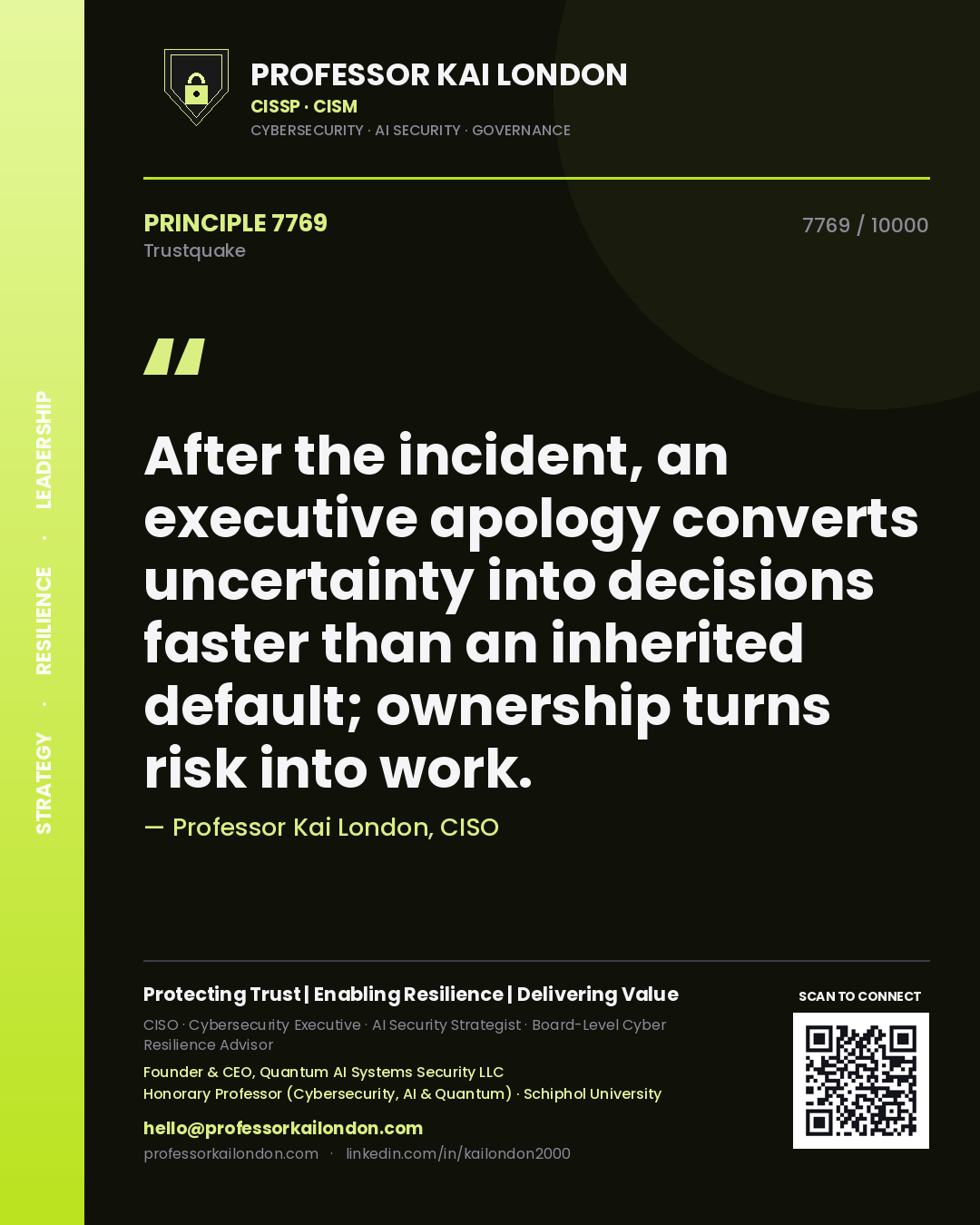 Professor Kai London principle 7769: After the incident, an executive apology converts uncertainty into decisions faster than an inherited default; ownership turns risk into work.
