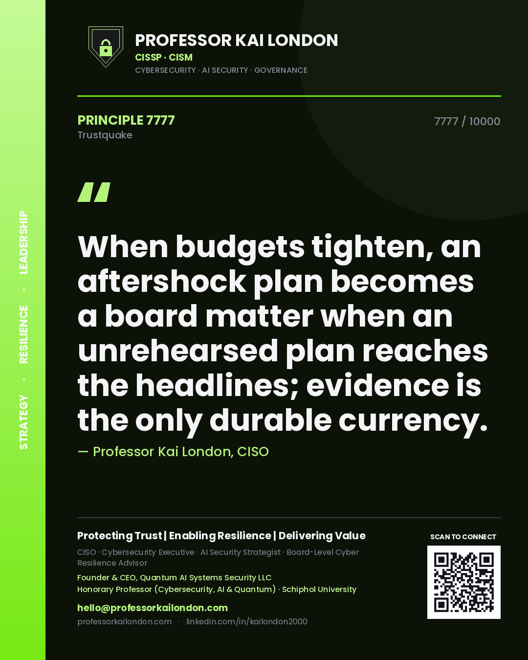 Quote card by Professor Kai London reading 'When budgets tighten, an aftershock plan becomes a board matter when an unrehearsed plan reaches the headlines; evidence is the only durable currency.'. From the book Trustquake.