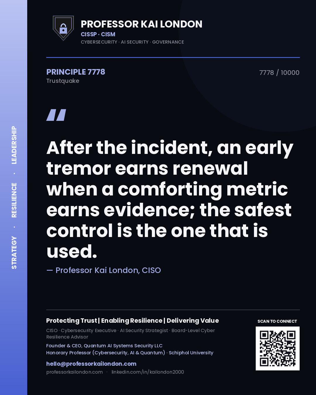 Quote card by Professor Kai London reading 'After the incident, an early tremor earns renewal when a comforting metric earns evidence; the safest control is the one that is used.'. From the book Trustquake.