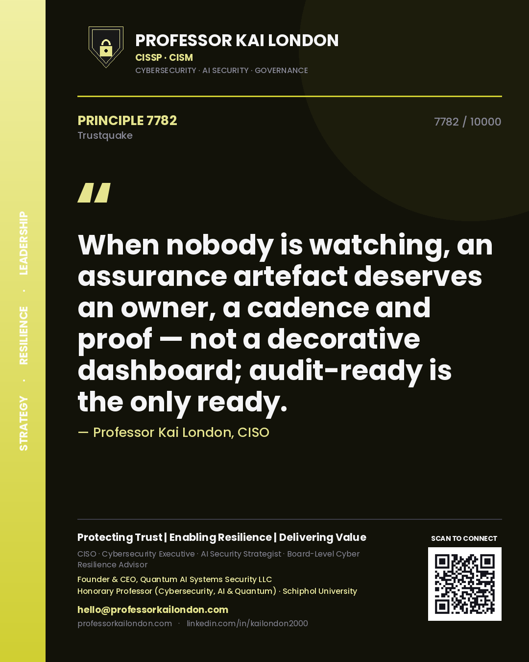 Professor Kai London principle 7782: When nobody is watching, an assurance artefact deserves an owner, a cadence and proof — not a decorative dashboard; audit-ready is the only ready.