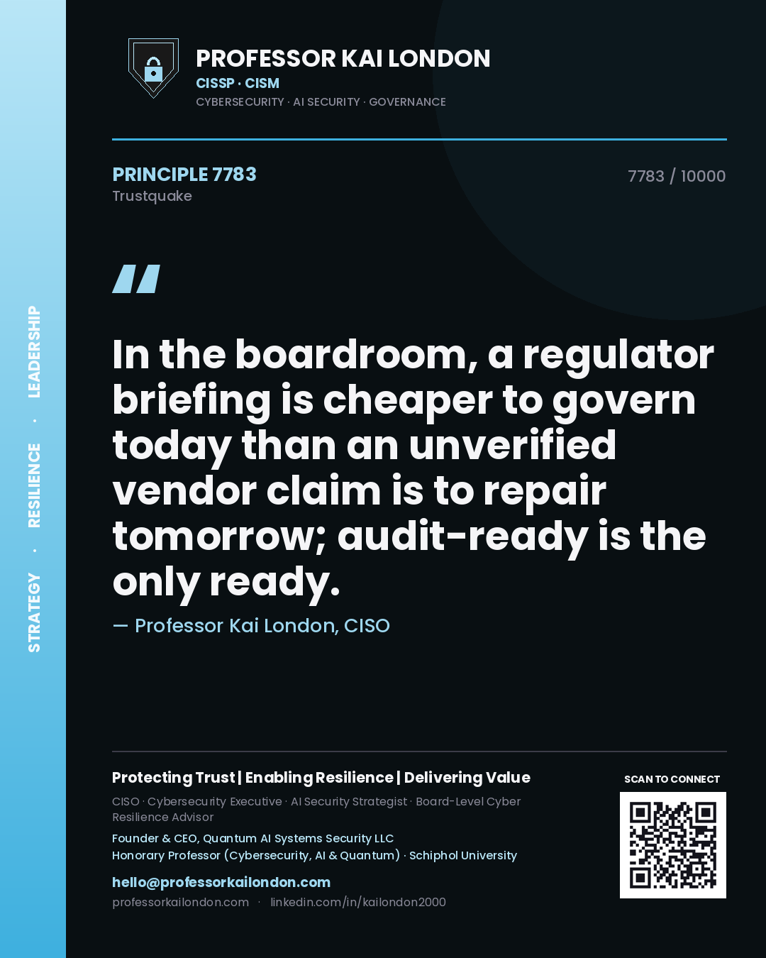 Professor Kai London principle 7783: In the boardroom, a regulator briefing is cheaper to govern today than an unverified vendor claim is to repair tomorrow; audit-ready is the only ready.