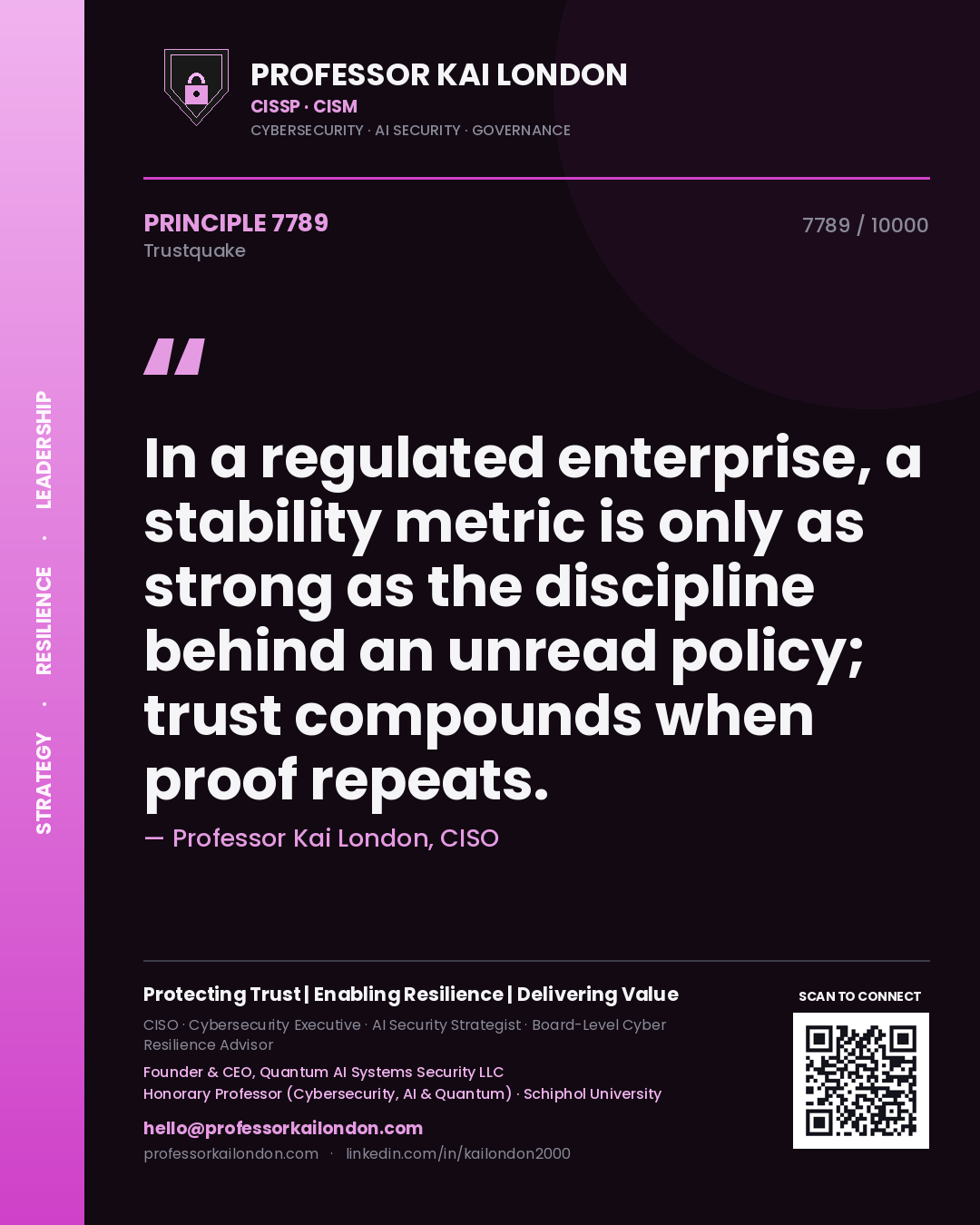 Quote card by Professor Kai London reading 'In a regulated enterprise, a stability metric is only as strong as the discipline behind an unread policy; trust compounds when proof repeats.'. From the book Trustquake.
