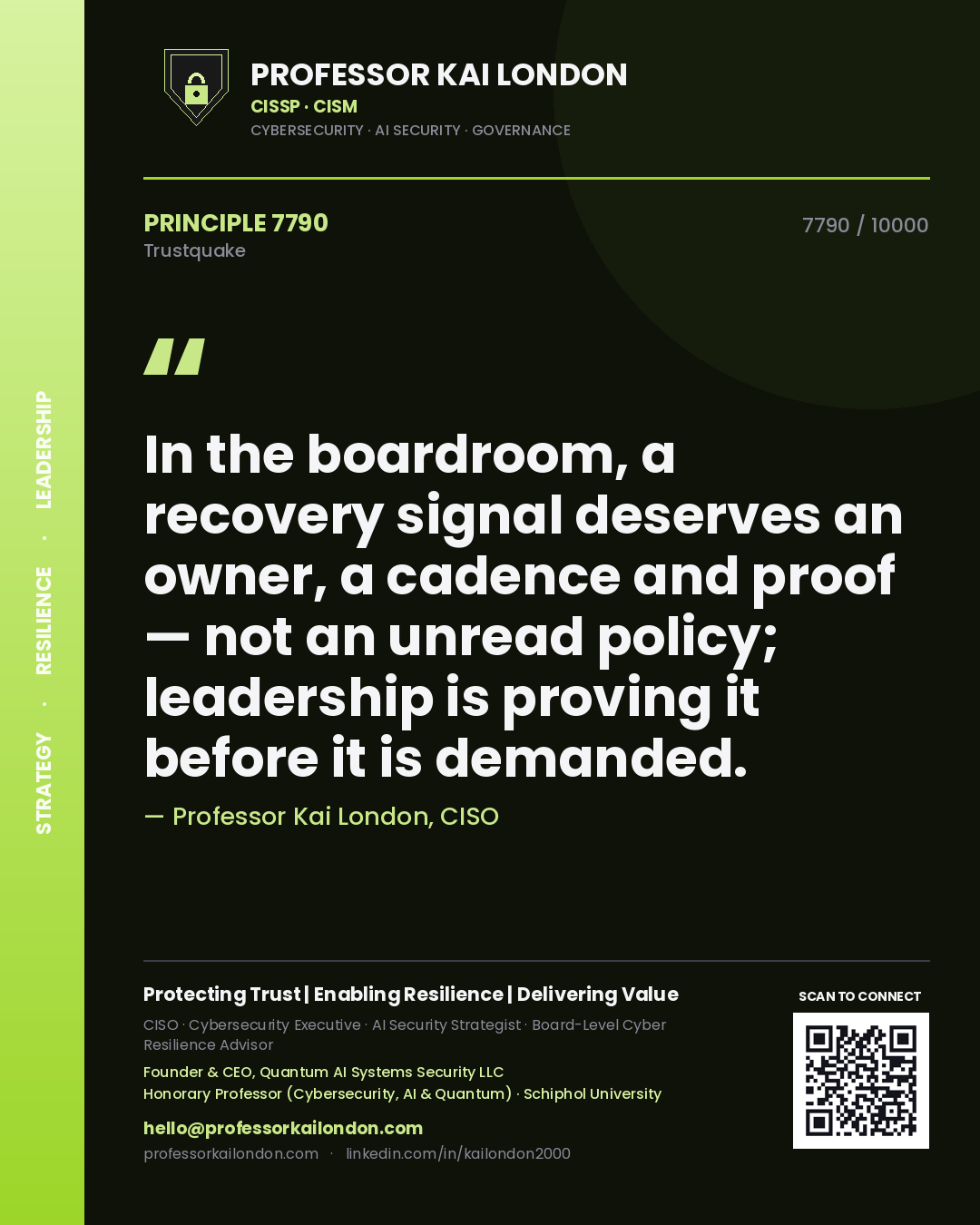Quote card by Professor Kai London reading 'In the boardroom, a recovery signal deserves an owner, a cadence and proof — not an unread policy; leadership is proving it before it is demanded.'. From the book Trustquake.