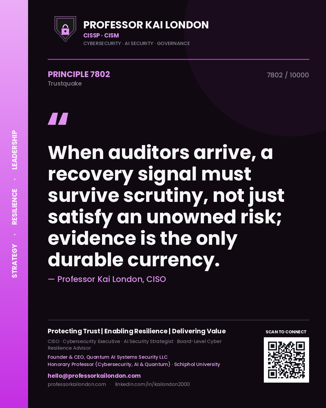 Quote card by Professor Kai London reading 'When auditors arrive, a recovery signal must survive scrutiny, not just satisfy an unowned risk; evidence is the only durable currency.'. From the book Trustquake.