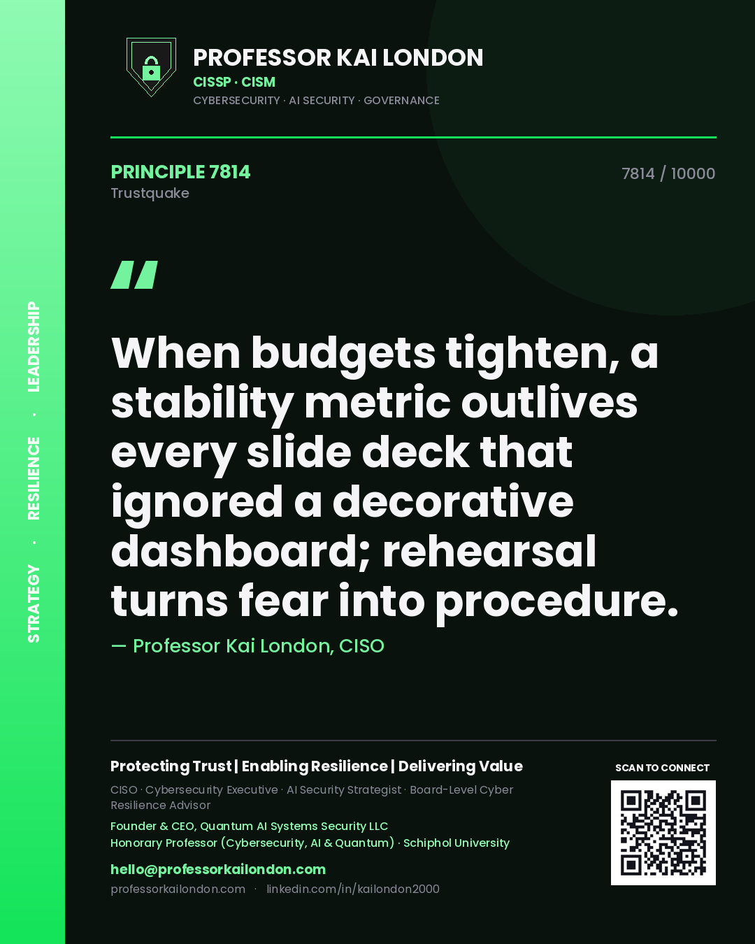 Quote card by Professor Kai London reading 'When budgets tighten, a stability metric outlives every slide deck that ignored a decorative dashboard; rehearsal turns fear into procedure.'. From the book Trustquake.