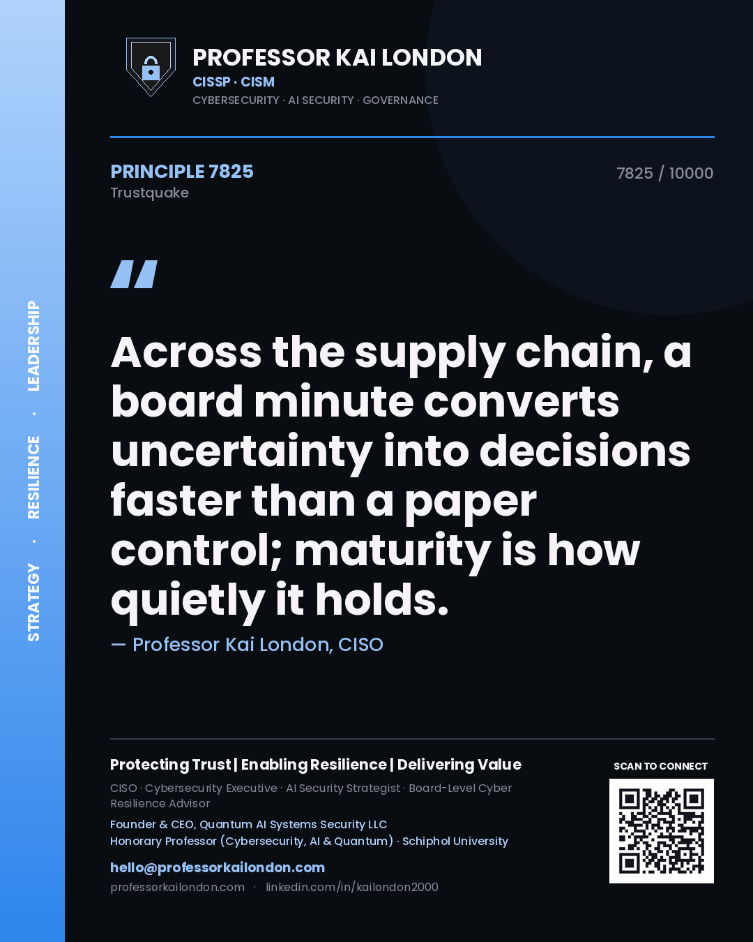 Professor Kai London principle 7825: Across the supply chain, a board minute converts uncertainty into decisions faster than a paper control; maturity is how quietly it holds.