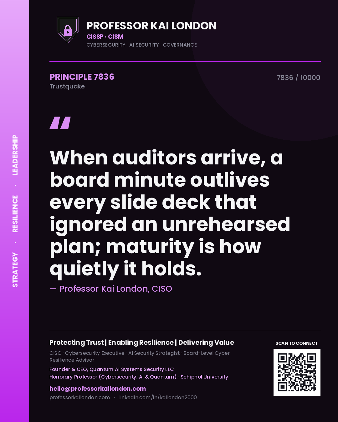 Quote card by Professor Kai London reading 'When auditors arrive, a board minute outlives every slide deck that ignored an unrehearsed plan; maturity is how quietly it holds.'. From the book Trustquake.