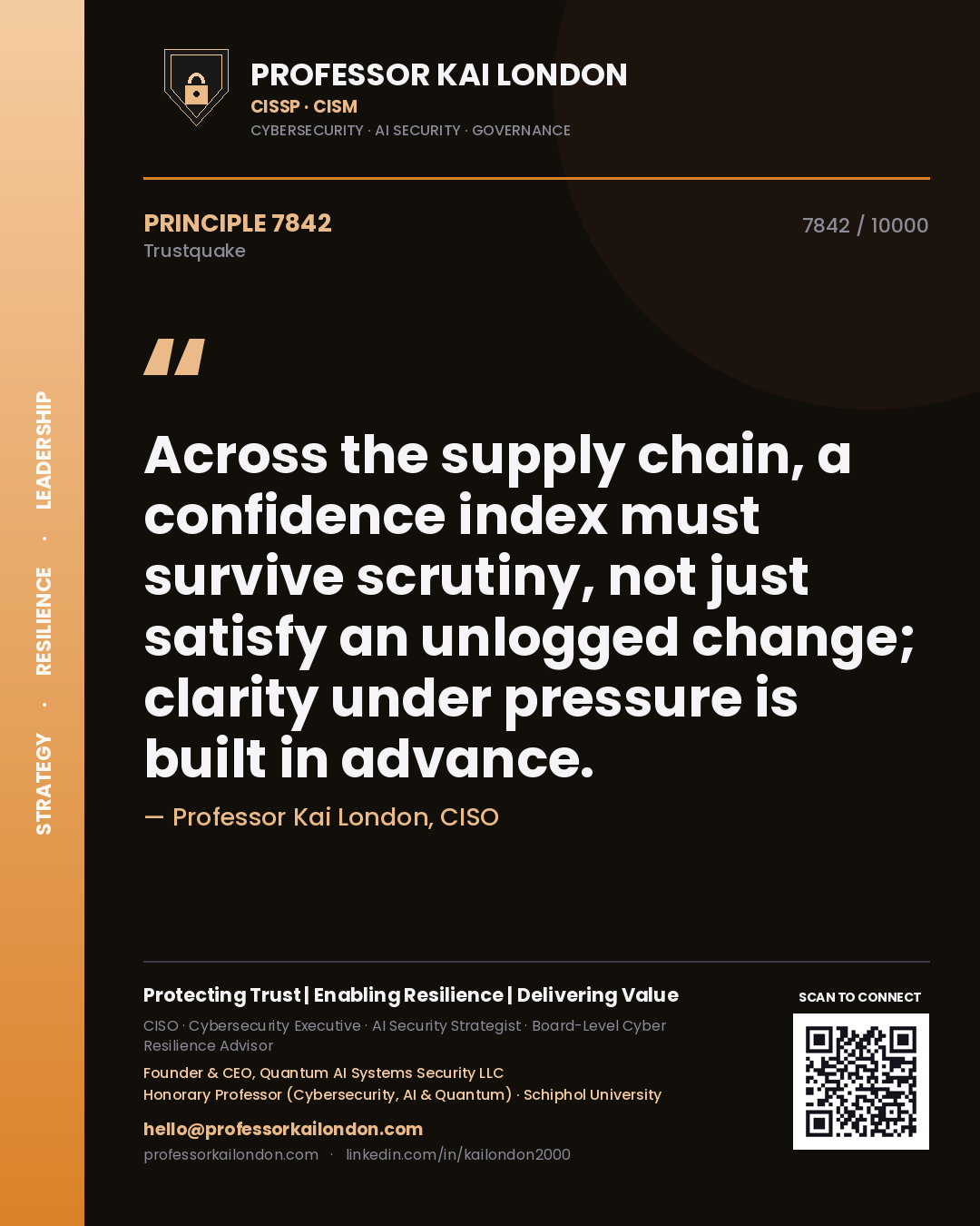 Quote card by Professor Kai London reading 'Across the supply chain, a confidence index must survive scrutiny, not just satisfy an unlogged change; clarity under pressure is built in advance.'. From the book Trustquake.