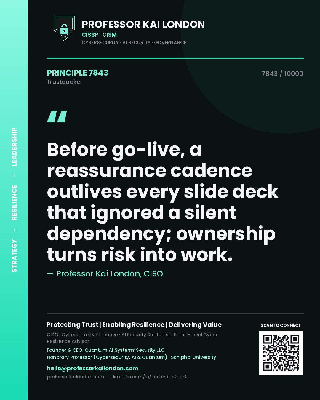 Quote card by Professor Kai London reading 'Before go-live, a reassurance cadence outlives every slide deck that ignored a silent dependency; ownership turns risk into work.'. From the book Trustquake.