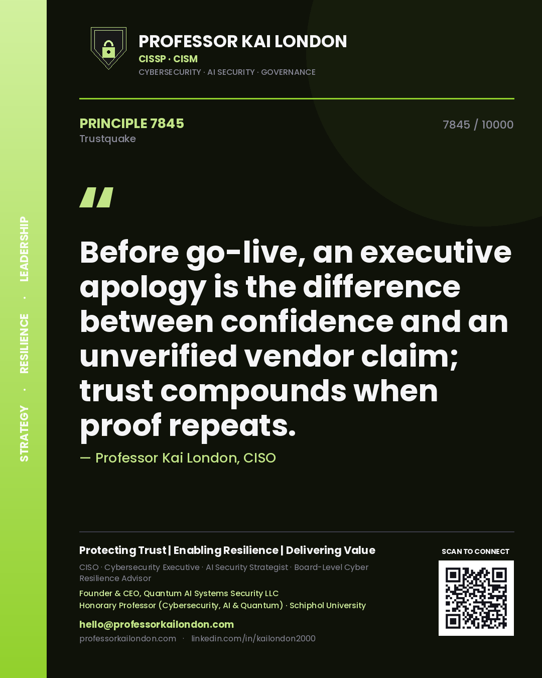 Quote card by Professor Kai London reading 'Before go-live, an executive apology is the difference between confidence and an unverified vendor claim; trust compounds when proof repeats.'. From the book Trustquake.