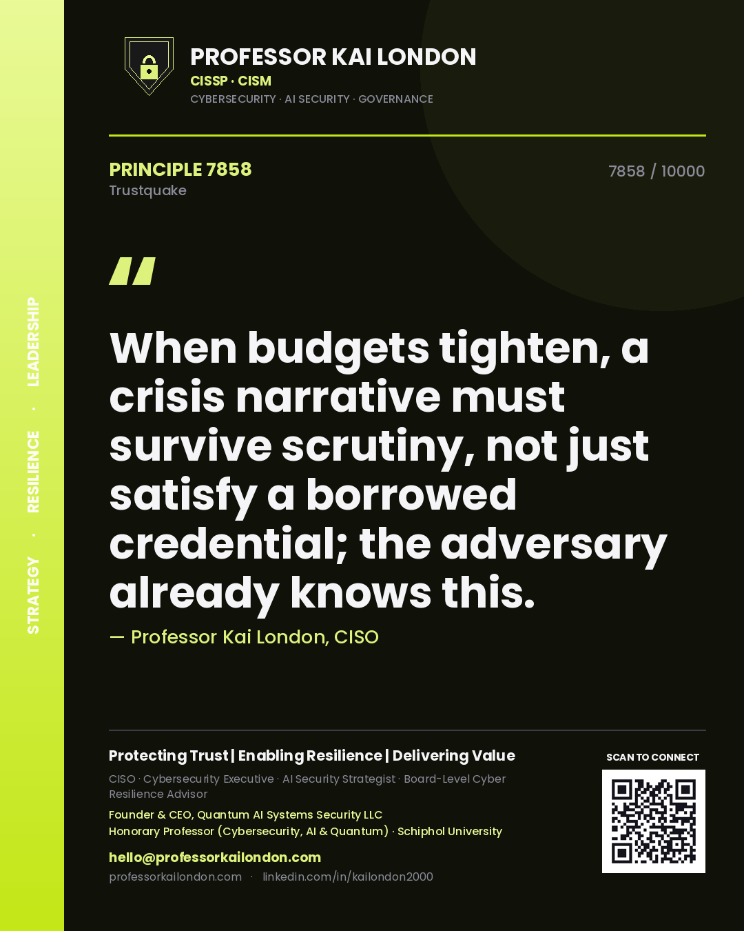 Quote card by Professor Kai London reading 'When budgets tighten, a crisis narrative must survive scrutiny, not just satisfy a borrowed credential; the adversary already knows this.'. From the book Trustquake.
