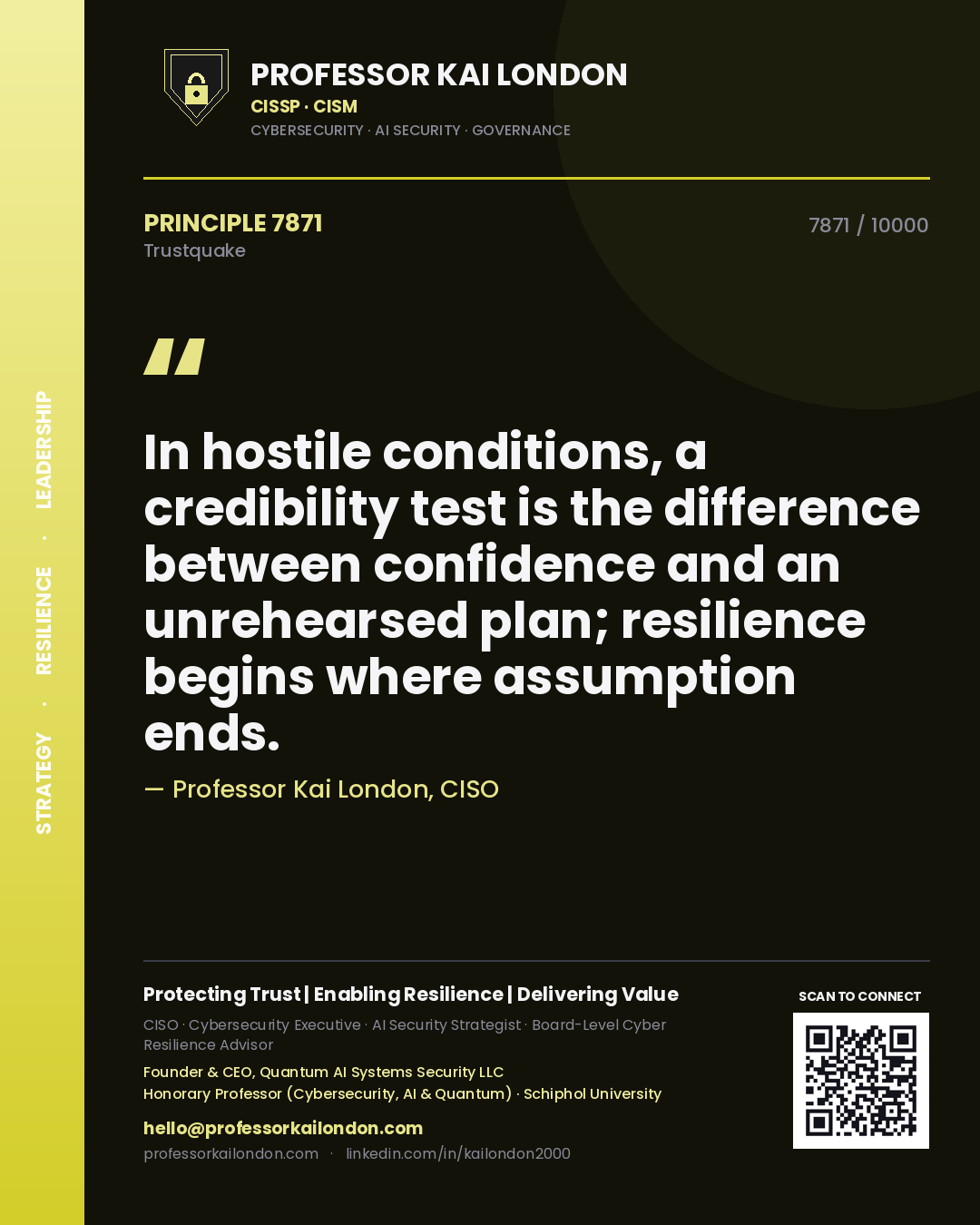 Quote card by Professor Kai London reading 'In hostile conditions, a credibility test is the difference between confidence and an unrehearsed plan; resilience begins where assumption ends.'. From the book Trustquake.