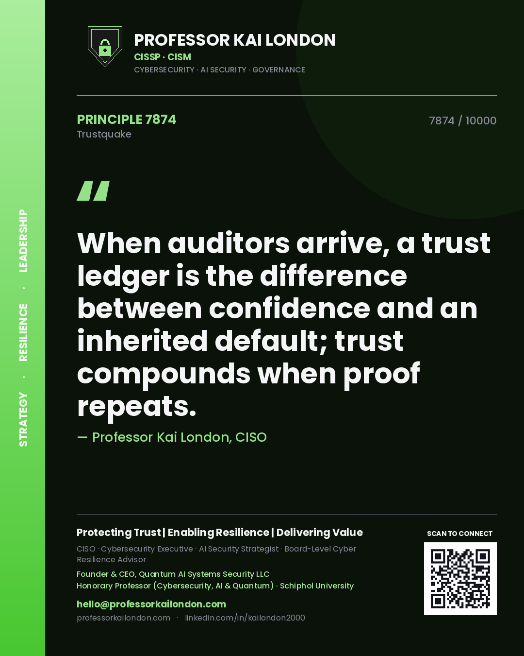 Quote card by Professor Kai London reading 'When auditors arrive, a trust ledger is the difference between confidence and an inherited default; trust compounds when proof repeats.'. From the book Trustquake.
