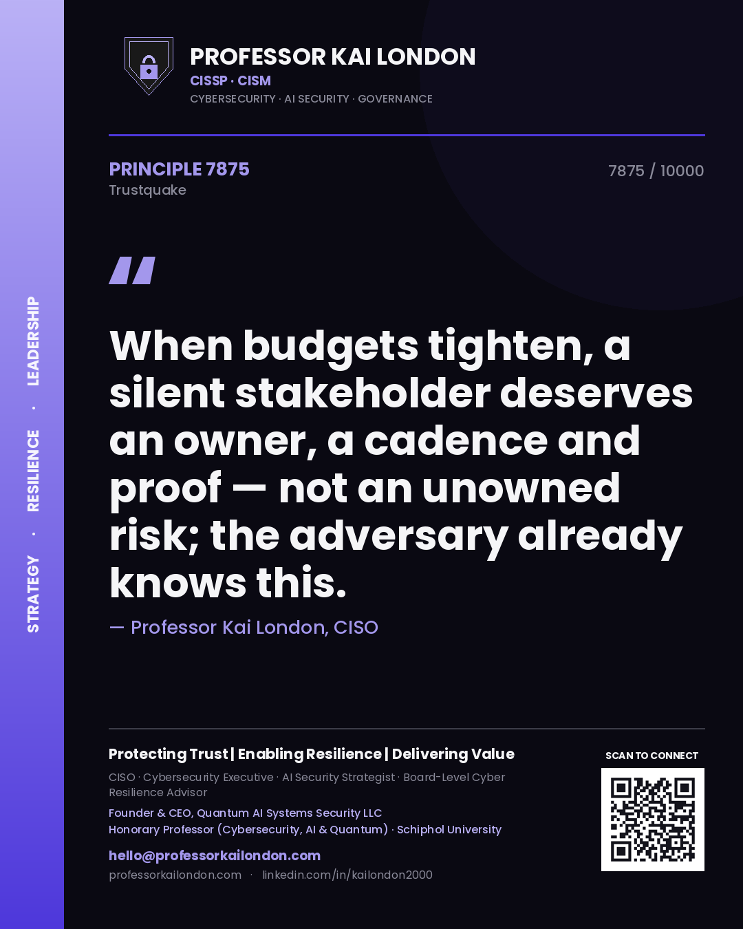 Quote card by Professor Kai London reading 'When budgets tighten, a silent stakeholder deserves an owner, a cadence and proof — not an unowned risk; the adversary already knows this.'. From the book Trustquake.