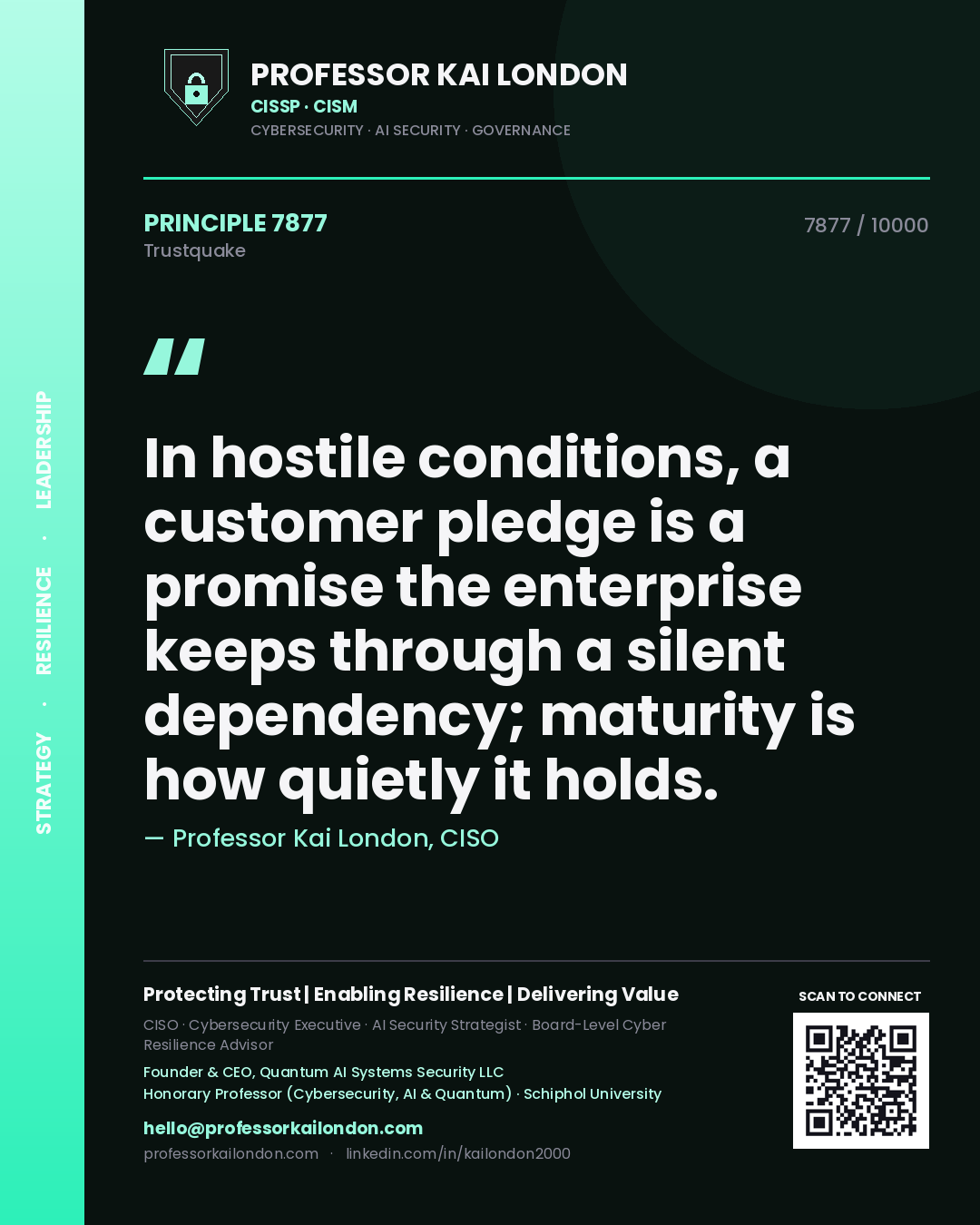 Quote card by Professor Kai London reading 'In hostile conditions, a customer pledge is a promise the enterprise keeps through a silent dependency; maturity is how quietly it holds.'. From the book Trustquake.