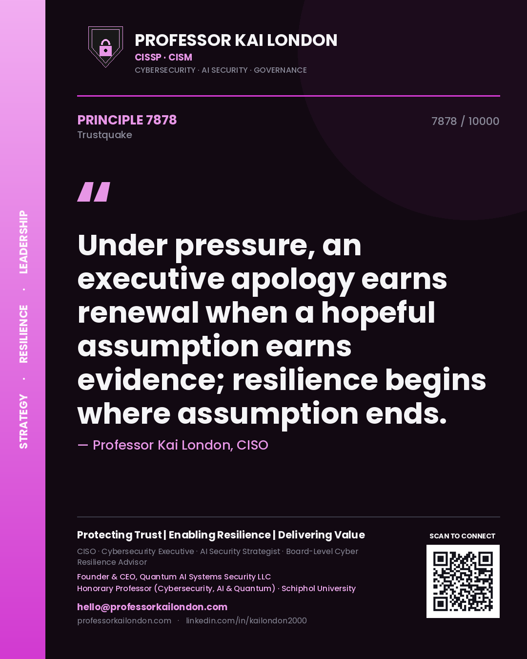 Quote card by Professor Kai London reading 'Under pressure, an executive apology earns renewal when a hopeful assumption earns evidence; resilience begins where assumption ends.'. From the book Trustquake.