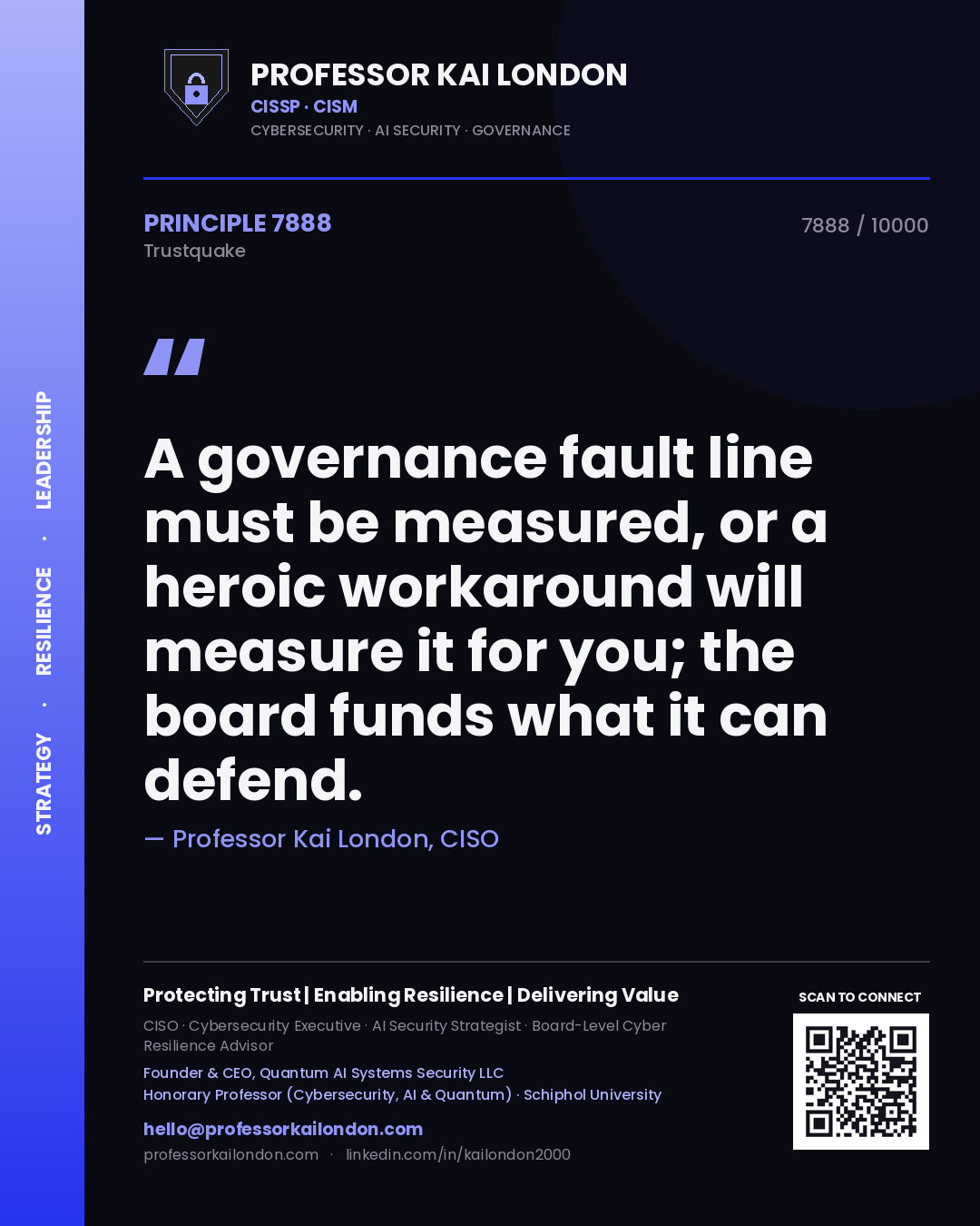 Quote card by Professor Kai London reading 'A governance fault line must be measured, or a heroic workaround will measure it for you; the board funds what it can defend.'. From the book Trustquake.