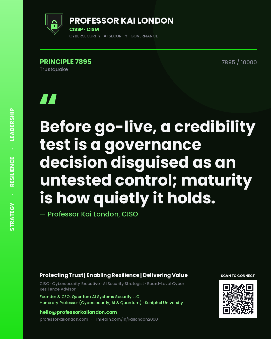 Quote card by Professor Kai London reading 'Before go-live, a credibility test is a governance decision disguised as an untested control; maturity is how quietly it holds.'. From the book Trustquake.