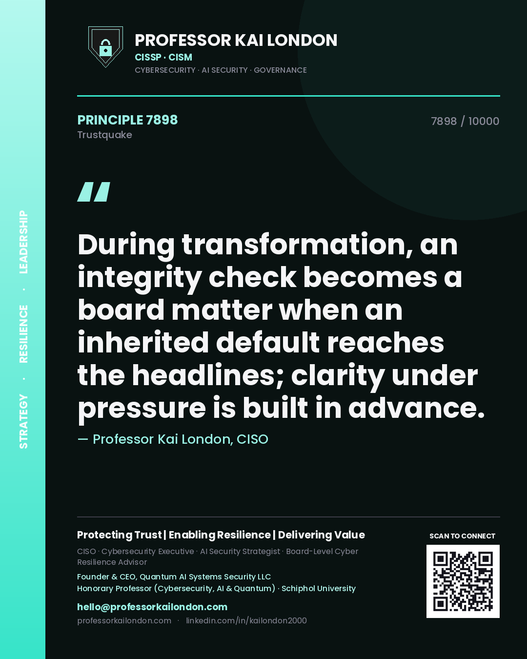 Quote card by Professor Kai London reading 'During transformation, an integrity check becomes a board matter when an inherited default reaches the headlines; clarity under pressure is built in advance.'. From the book Trustquake.