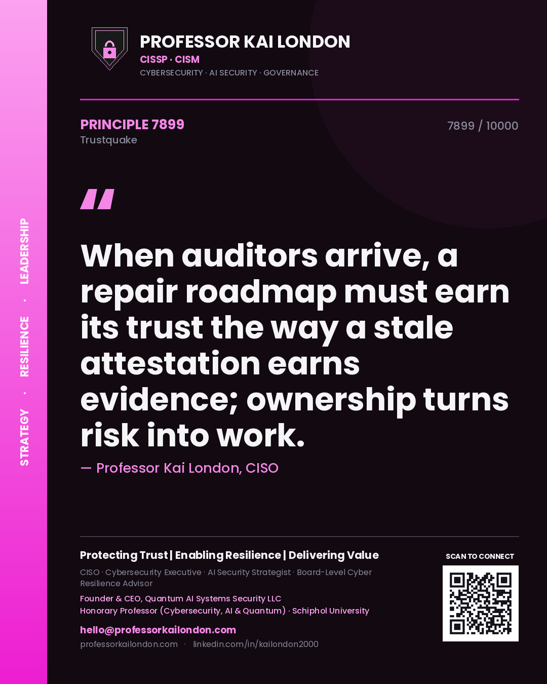 Quote card by Professor Kai London reading 'When auditors arrive, a repair roadmap must earn its trust the way a stale attestation earns evidence; ownership turns risk into work.'. From the book Trustquake.