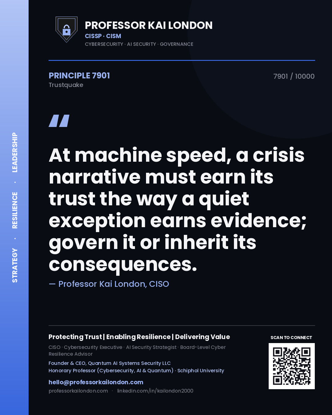 Professor Kai London principle 7901: At machine speed, a crisis narrative must earn its trust the way a quiet exception earns evidence; govern it or inherit its consequences.