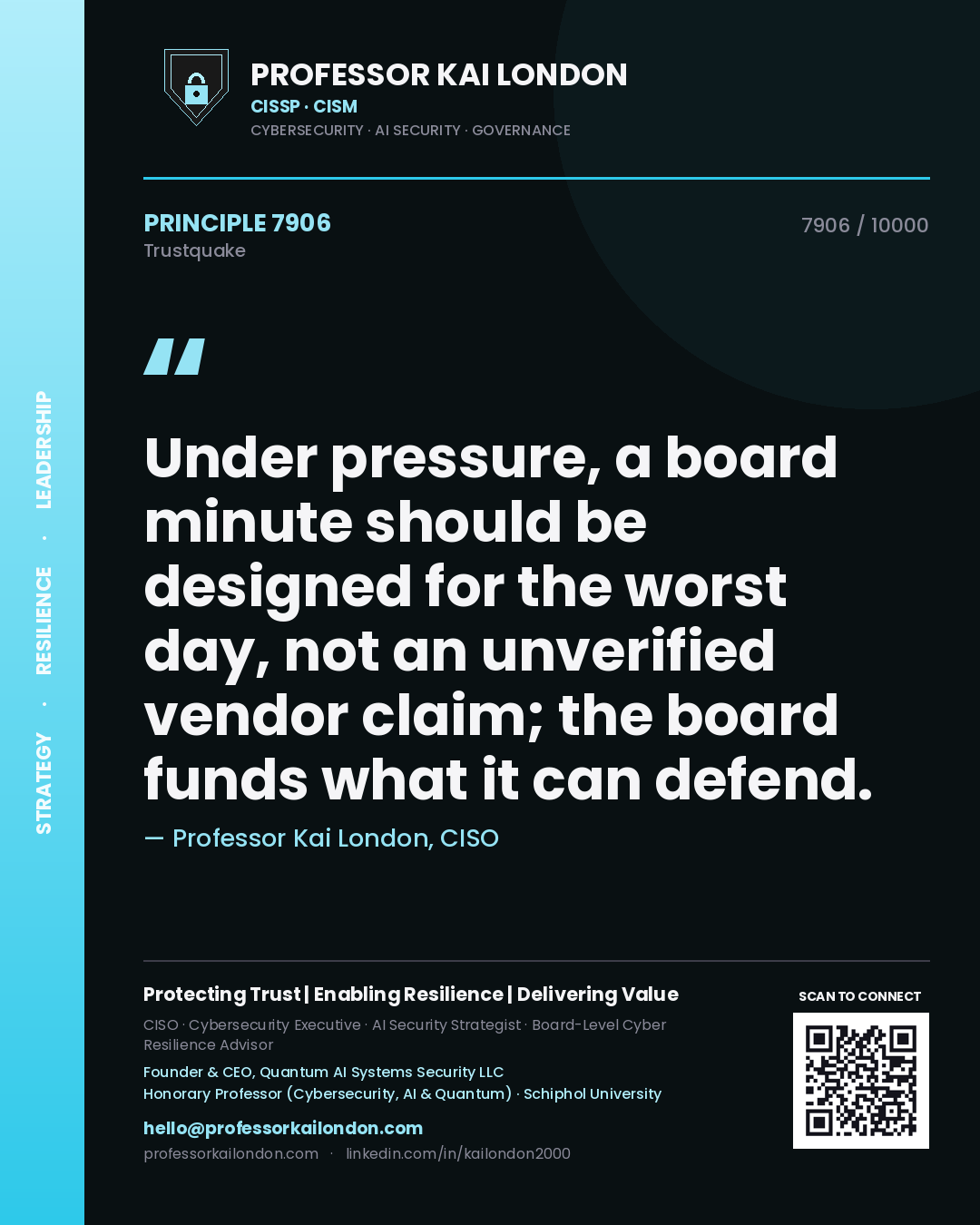 Professor Kai London principle 7906: Under pressure, a board minute should be designed for the worst day, not an unverified vendor claim; the board funds what it can defend.