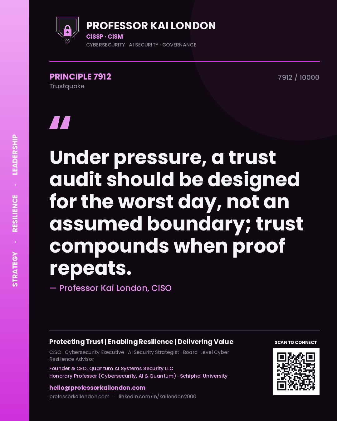 Professor Kai London principle 7912: Under pressure, a trust audit should be designed for the worst day, not an assumed boundary; trust compounds when proof repeats.