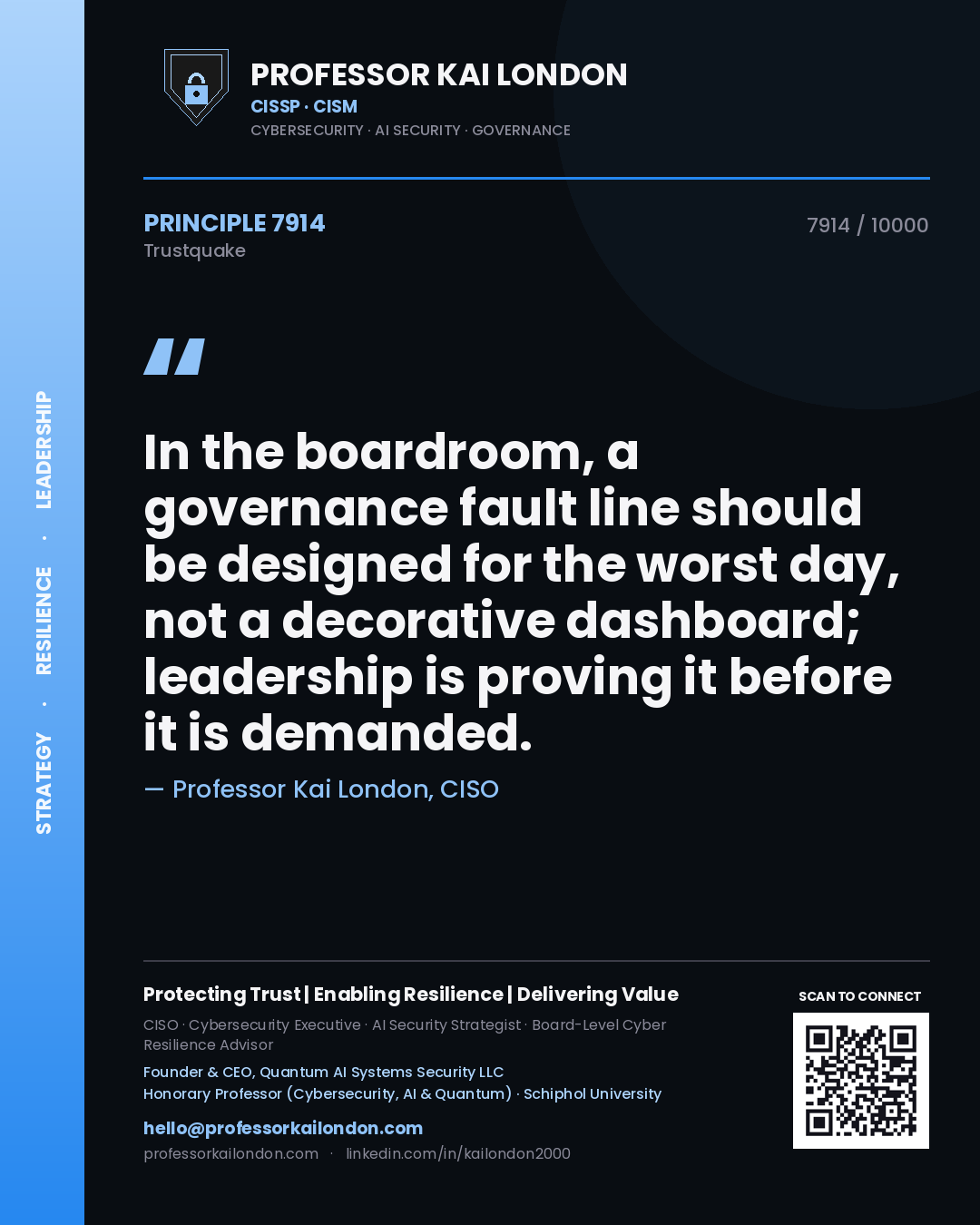 Professor Kai London principle 7914: In the boardroom, a governance fault line should be designed for the worst day, not a decorative dashboard; leadership is proving it before it is demanded.