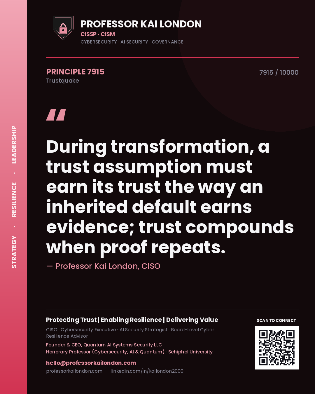 Professor Kai London principle 7915: During transformation, a trust assumption must earn its trust the way an inherited default earns evidence; trust compounds when proof repeats.