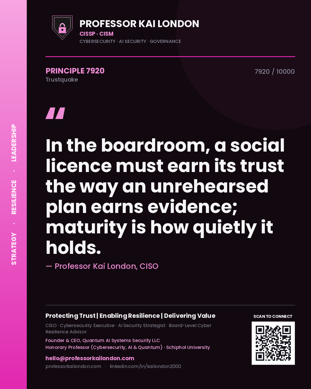 Quote card by Professor Kai London reading 'In the boardroom, a social licence must earn its trust the way an unrehearsed plan earns evidence; maturity is how quietly it holds.'. From the book Trustquake.