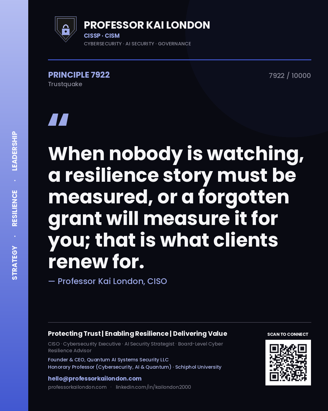 Quote card by Professor Kai London reading 'When nobody is watching, a resilience story must be measured, or a forgotten grant will measure it for you; that is what clients renew for.'. From the book Trustquake.