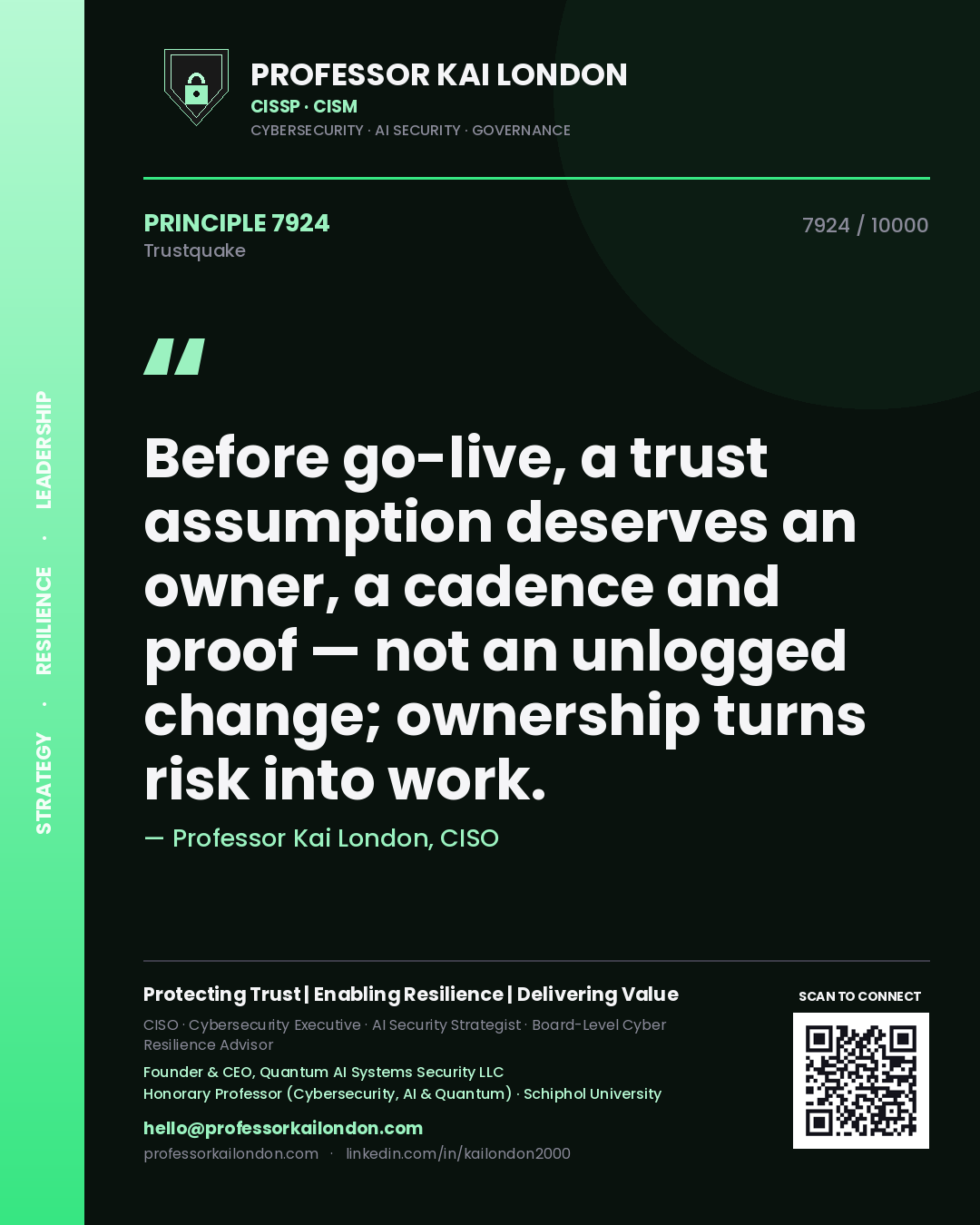 Quote card by Professor Kai London reading 'Before go-live, a trust assumption deserves an owner, a cadence and proof — not an unlogged change; ownership turns risk into work.'. From the book Trustquake.