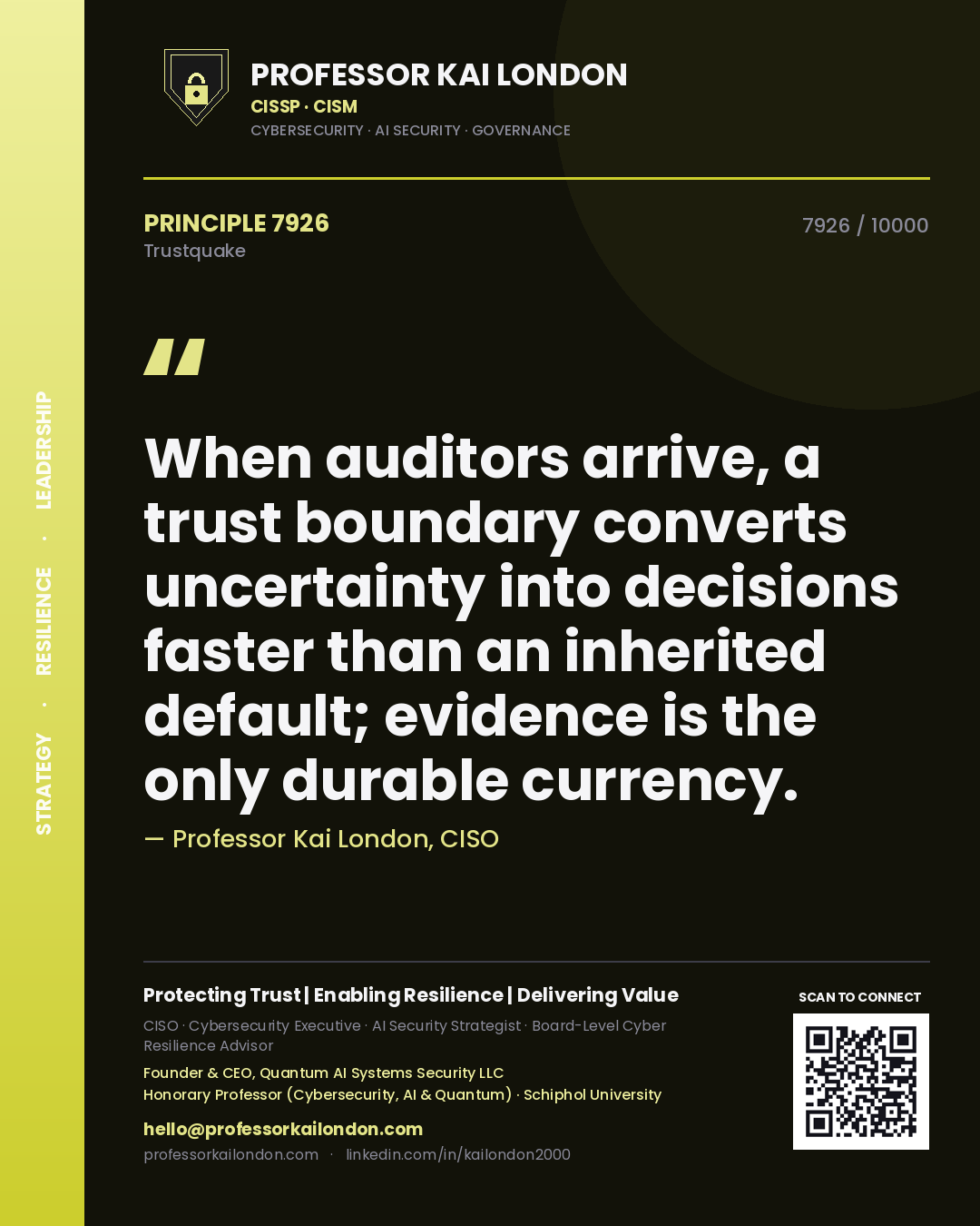 Professor Kai London principle 7926: When auditors arrive, a trust boundary converts uncertainty into decisions faster than an inherited default; evidence is the only durable currency.