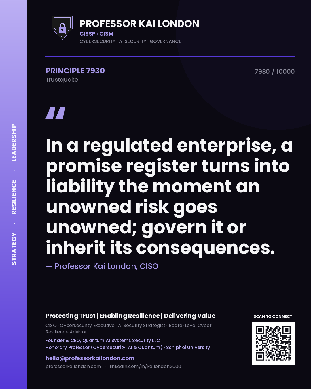 Professor Kai London principle 7930: In a regulated enterprise, a promise register turns into liability the moment an unowned risk goes unowned; govern it or inherit its consequences.