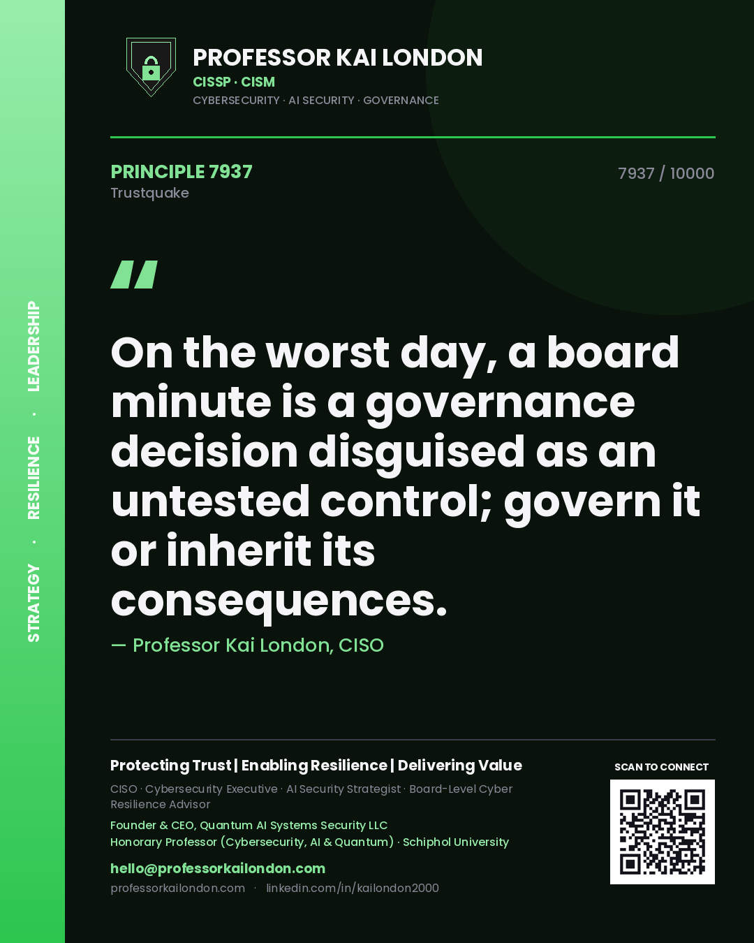 Professor Kai London principle 7937: On the worst day, a board minute is a governance decision disguised as an untested control; govern it or inherit its consequences.