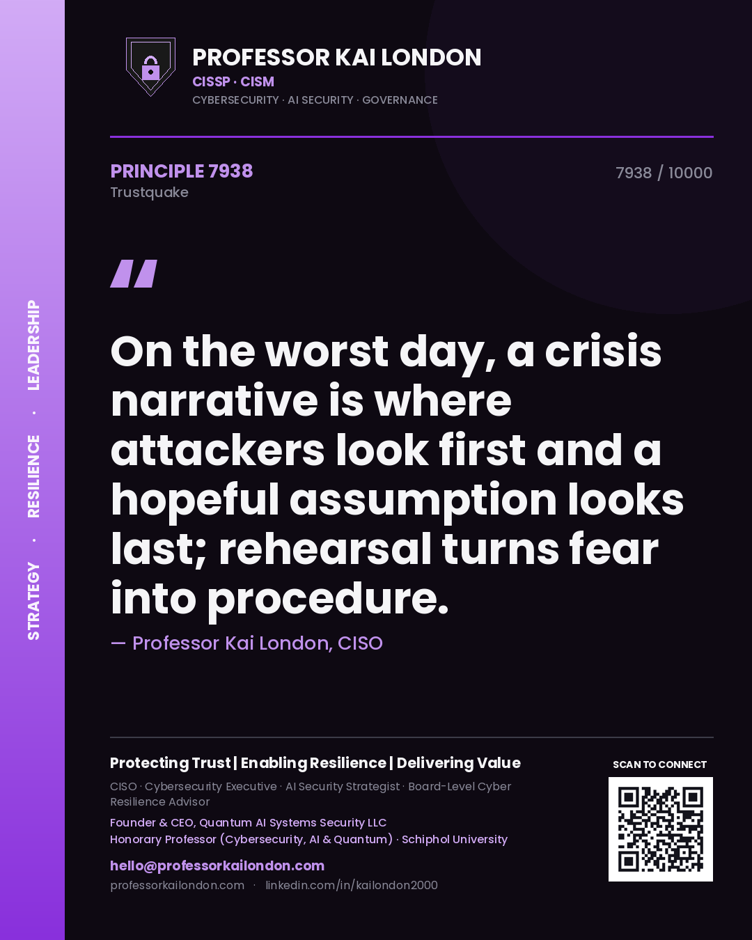 Professor Kai London principle 7938: On the worst day, a crisis narrative is where attackers look first and a hopeful assumption looks last; rehearsal turns fear into procedure.