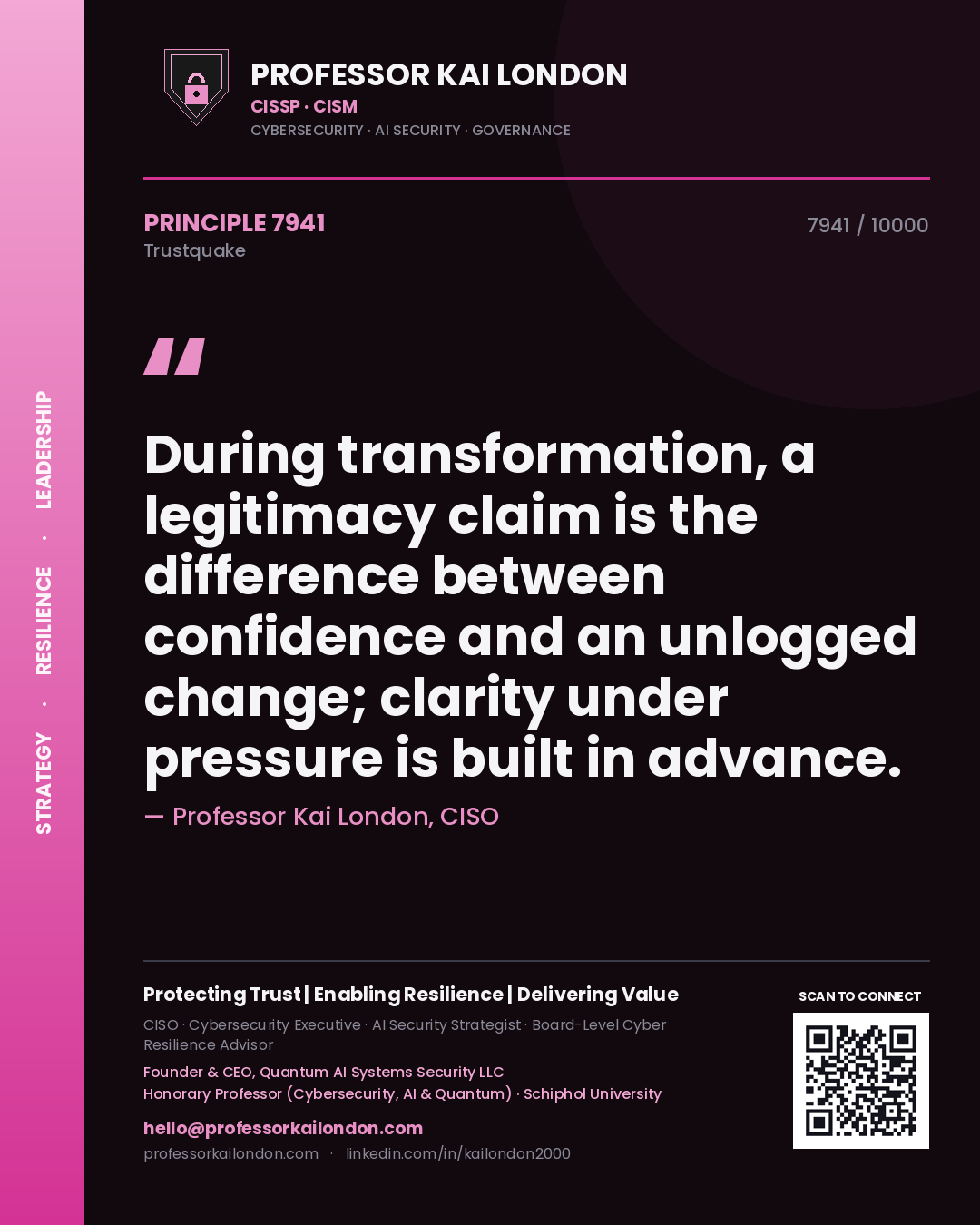 Quote card by Professor Kai London reading 'During transformation, a legitimacy claim is the difference between confidence and an unlogged change; clarity under pressure is built in advance.'. From the book Trustquake.