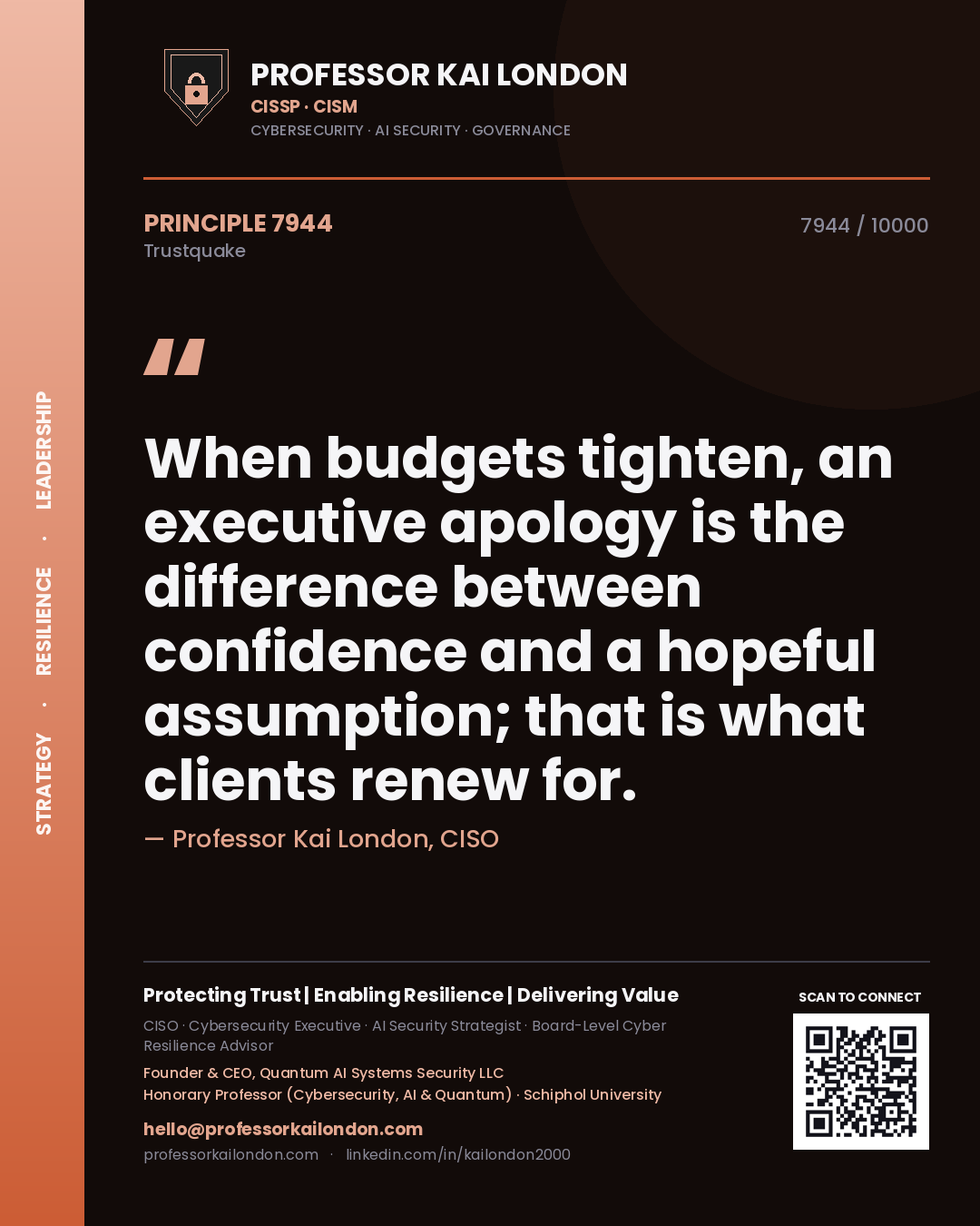 Professor Kai London principle 7944: When budgets tighten, an executive apology is the difference between confidence and a hopeful assumption; that is what clients renew for.